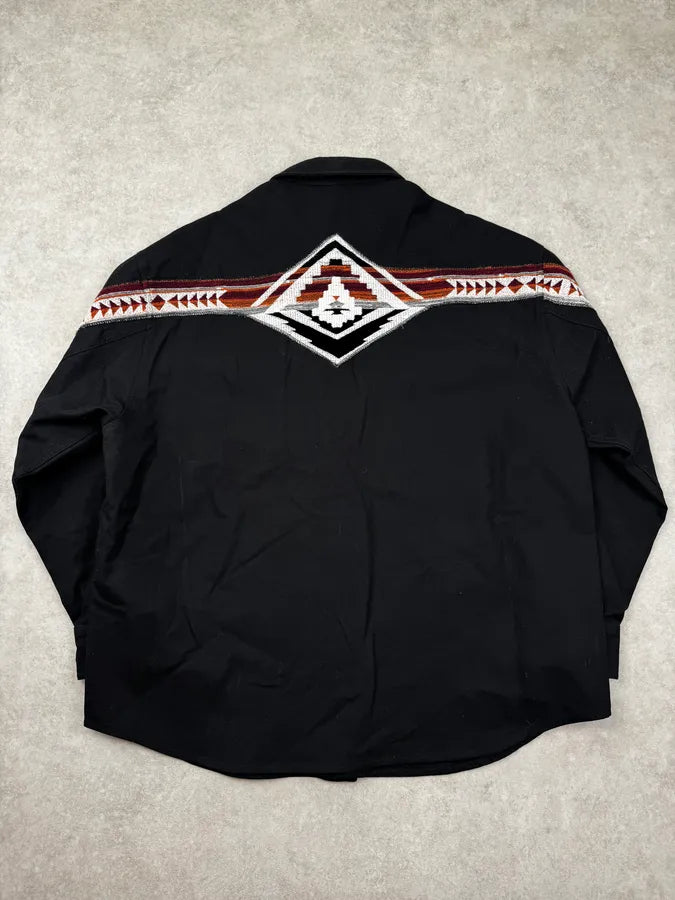 AW2022 Emporio Armani Black Tribal Embroidered Trucker Shirt Jacket WAEbBwG 4