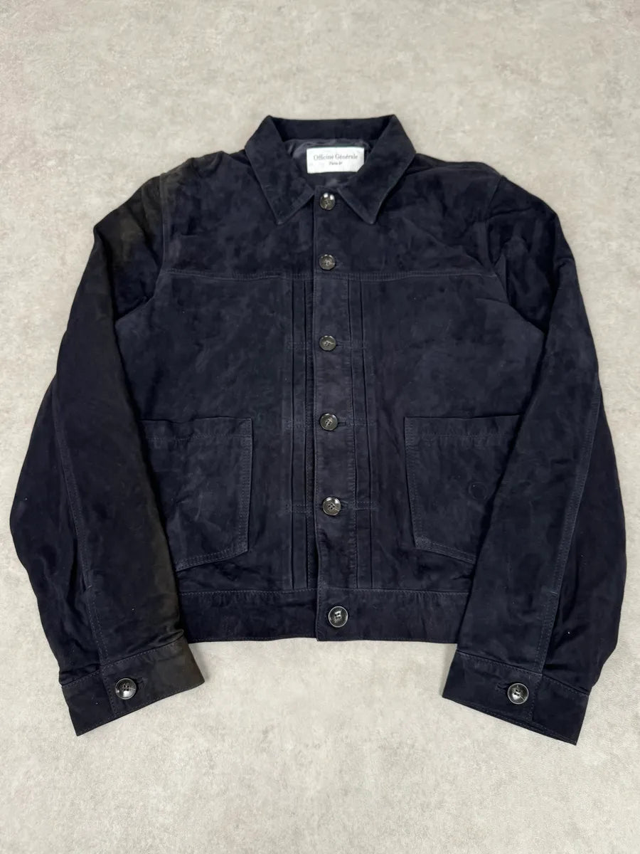 SS2022 Officine Generale Navy Suede Leather Buttoned Classy Jacket tbiyrzc 0