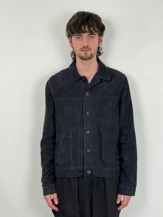 SS2022 Officine Generale Navy Suede Leather Buttoned Classy Jacket tbiyrzc 1