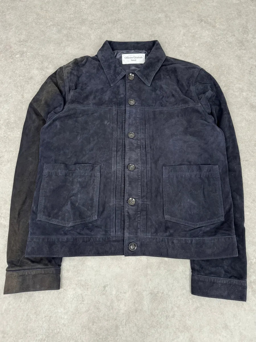 SS2022 Officine Generale Navy Suede Leather Buttoned Classy Jacket tbiyrzc 3