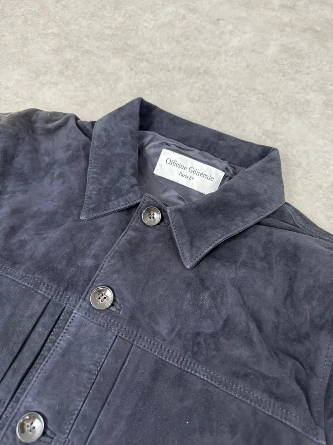 SS2022 Officine Generale Navy Suede Leather Buttoned Classy Jacket tbiyrzc 4
