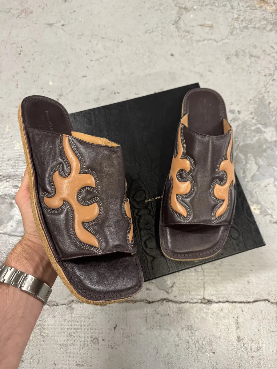SS2023 Dries Van Noten Black & Brown Cowboy Leather Slippers YPutmzP 0