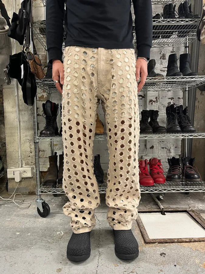 SS2023 Maison Margiela Holes Destroyed Beige Denim Jeans LljRunm 0