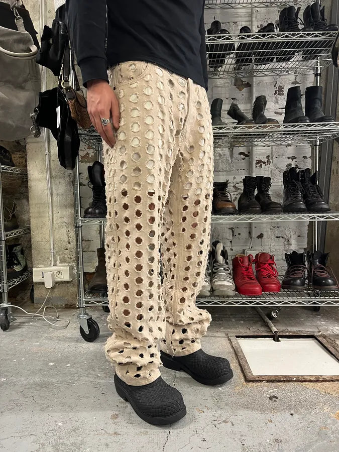 SS2023 Maison Margiela Holes Destroyed Beige Denim Jeans LljRunm 1