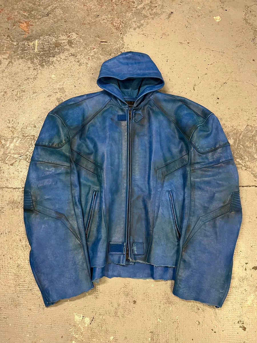SS2024 Balenciaga Futuristic Armor Blue Leather Jacket MpNWeXC 0