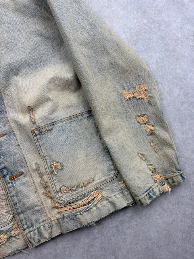 SS2026 Kenzo Blue Distressed Mao Denim Jacket oqkZpyV 7