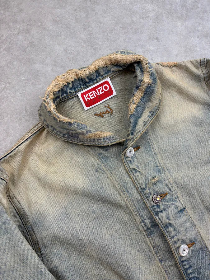 SS2026 Kenzo Blue Distressed Mao Denim Jacket oqkZpyV 4