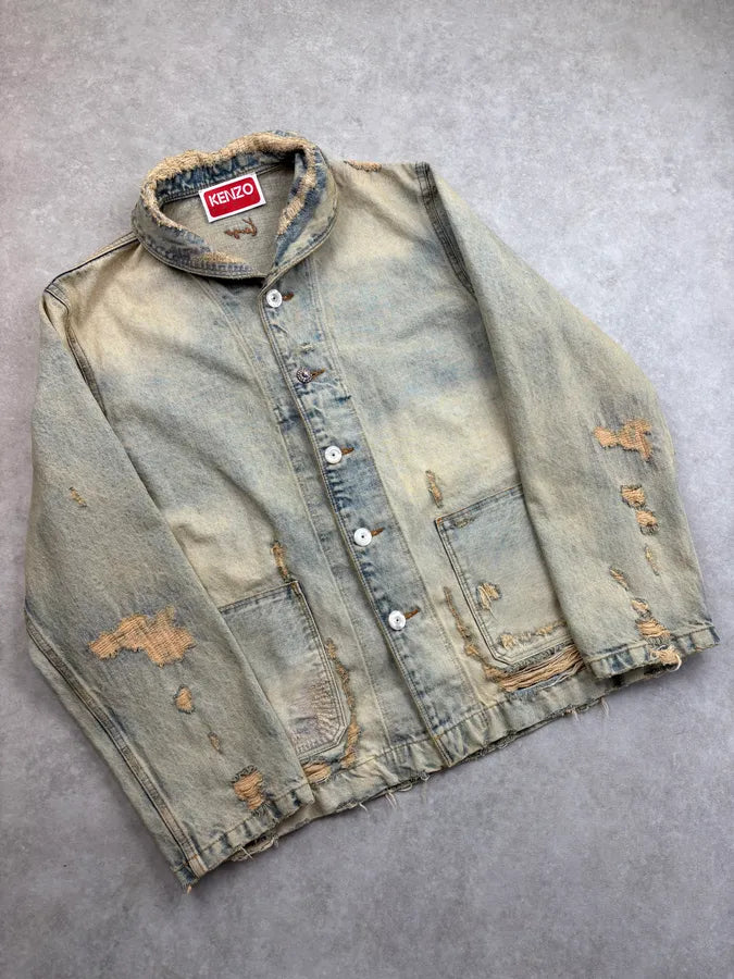 SS2026 Kenzo Blue Distressed Mao Denim Jacket oqkZpyV 3