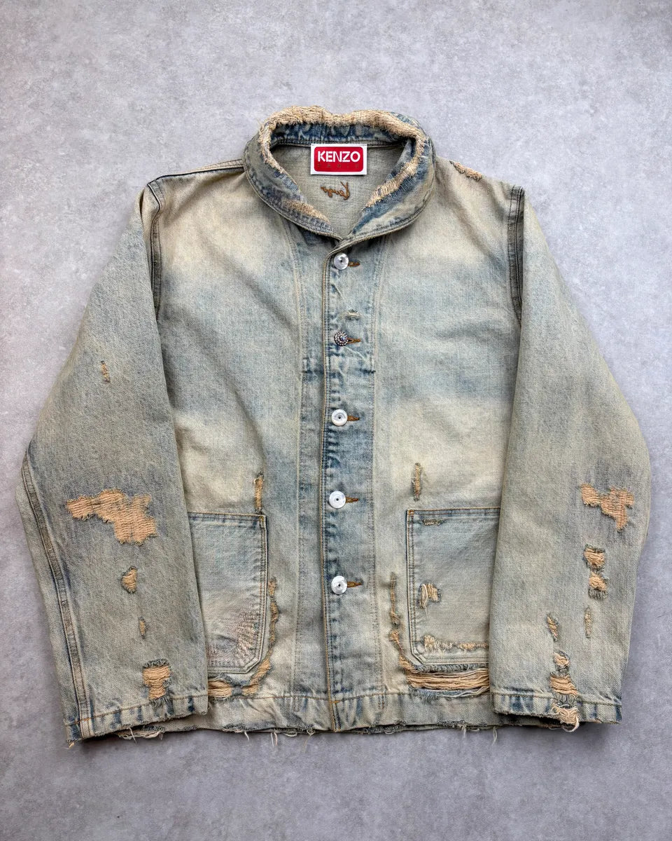 SS2026 Kenzo Blue Distressed Mao Denim Jacket oqkZpyV 0