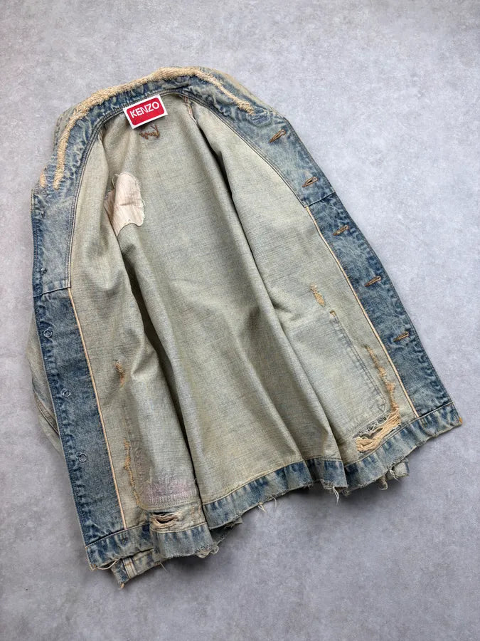 SS2026 Kenzo Blue Distressed Mao Denim Jacket oqkZpyV 6