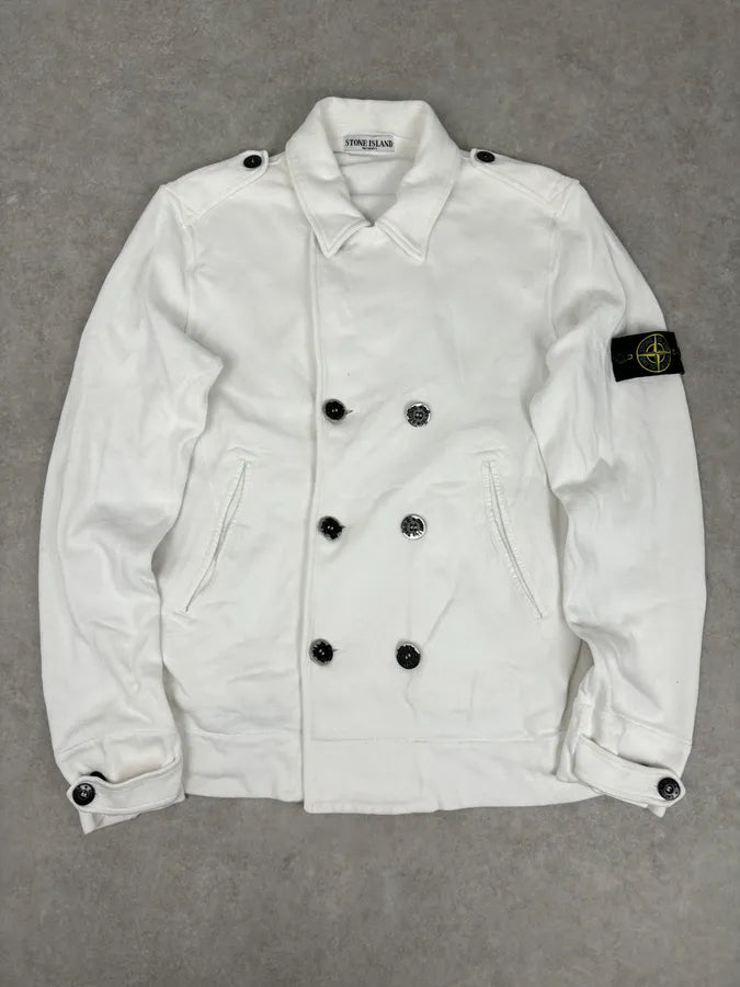 Stone Island White Double-Breasted Compass Patch Jacket gVFinTl 0