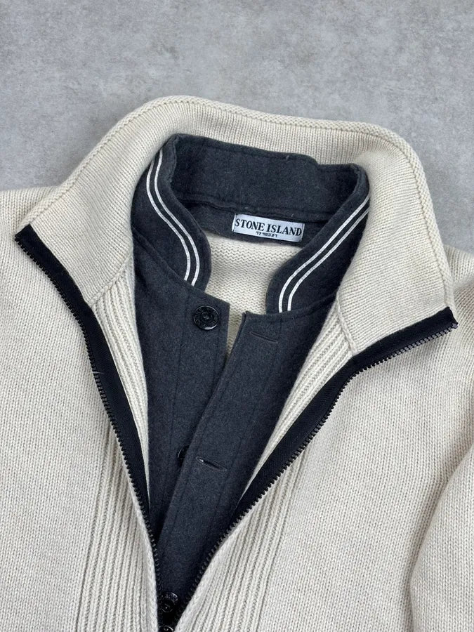 2000s Stone Island White Layered Wool Zip-up Sweater VQIndkc 3