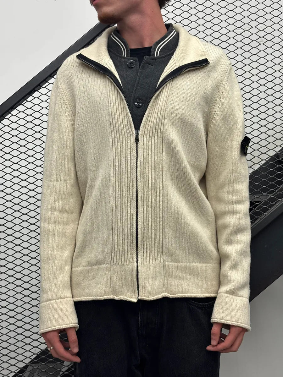2000s Stone Island White Layered Wool Zip-up Sweater VQIndkc 1