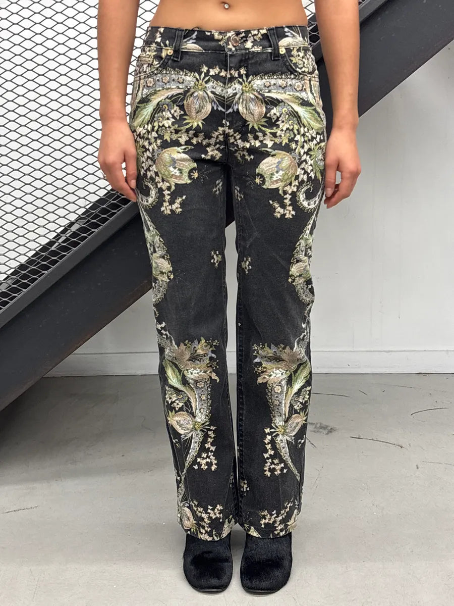 2000s Roberto Cavalli Black Denim Baroque Floral Print Jeans syUdYJgx 1