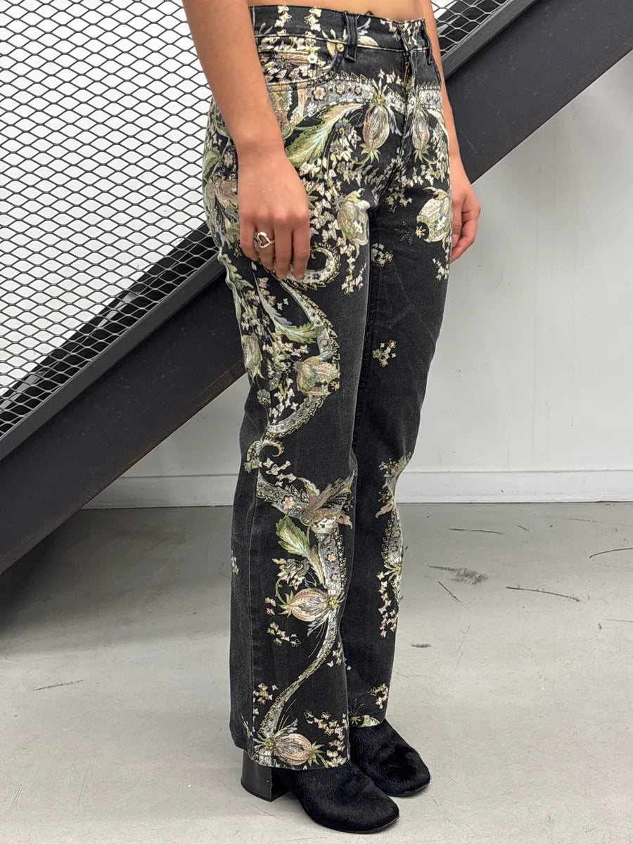 2000s Roberto Cavalli Black Denim Baroque Floral Print Jeans syUdYJgx 2