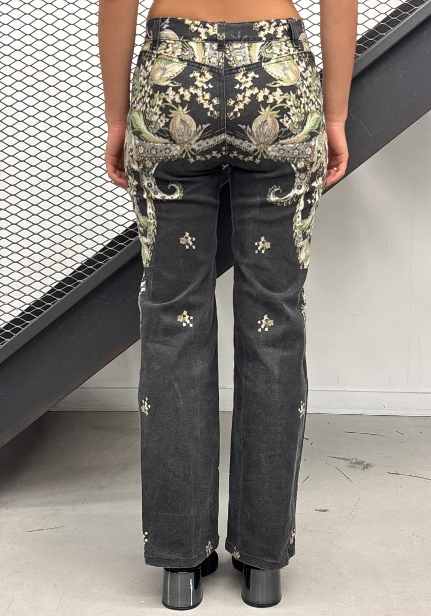 2000s Roberto Cavalli Black Denim Baroque Floral Print Jeans syUdYJgx 3