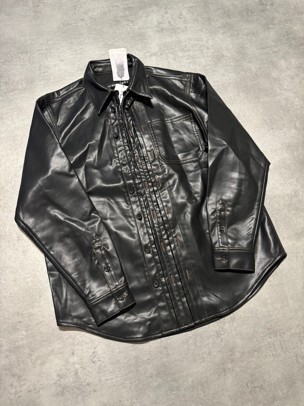 SS2025 Y/Project Black Hook & Eye Grained Faux-Leather Shirt (L) - 7