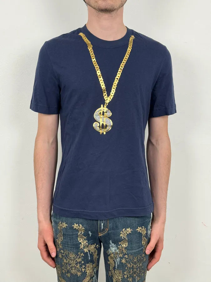 2000s Dolce & Gabbana Trompe Loeil Dollar Chain Navy T-Shirt GcmJQIM 1