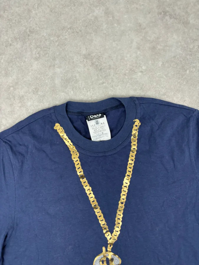 2000s Dolce & Gabbana Trompe Loeil Dollar Chain Navy T-Shirt GcmJQIM 3