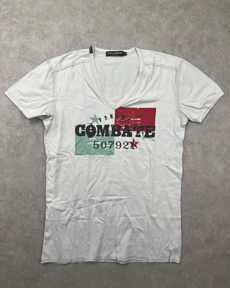 2000s Dolce & Gabbana Combate White V Neck T-Shirt pFxanAs 0