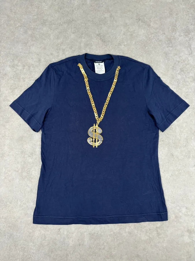 2000s Dolce & Gabbana Trompe Loeil Dollar Chain Navy T-Shirt GcmJQIM 0
