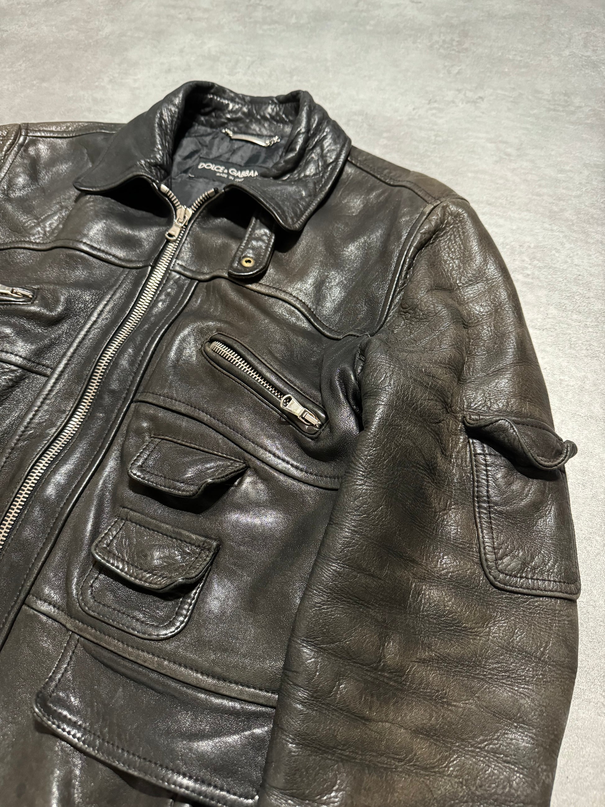 AW2002 Dolce & Gabbana Multi Pockets Black & Brown Faded Leather Jacket (M) - 5