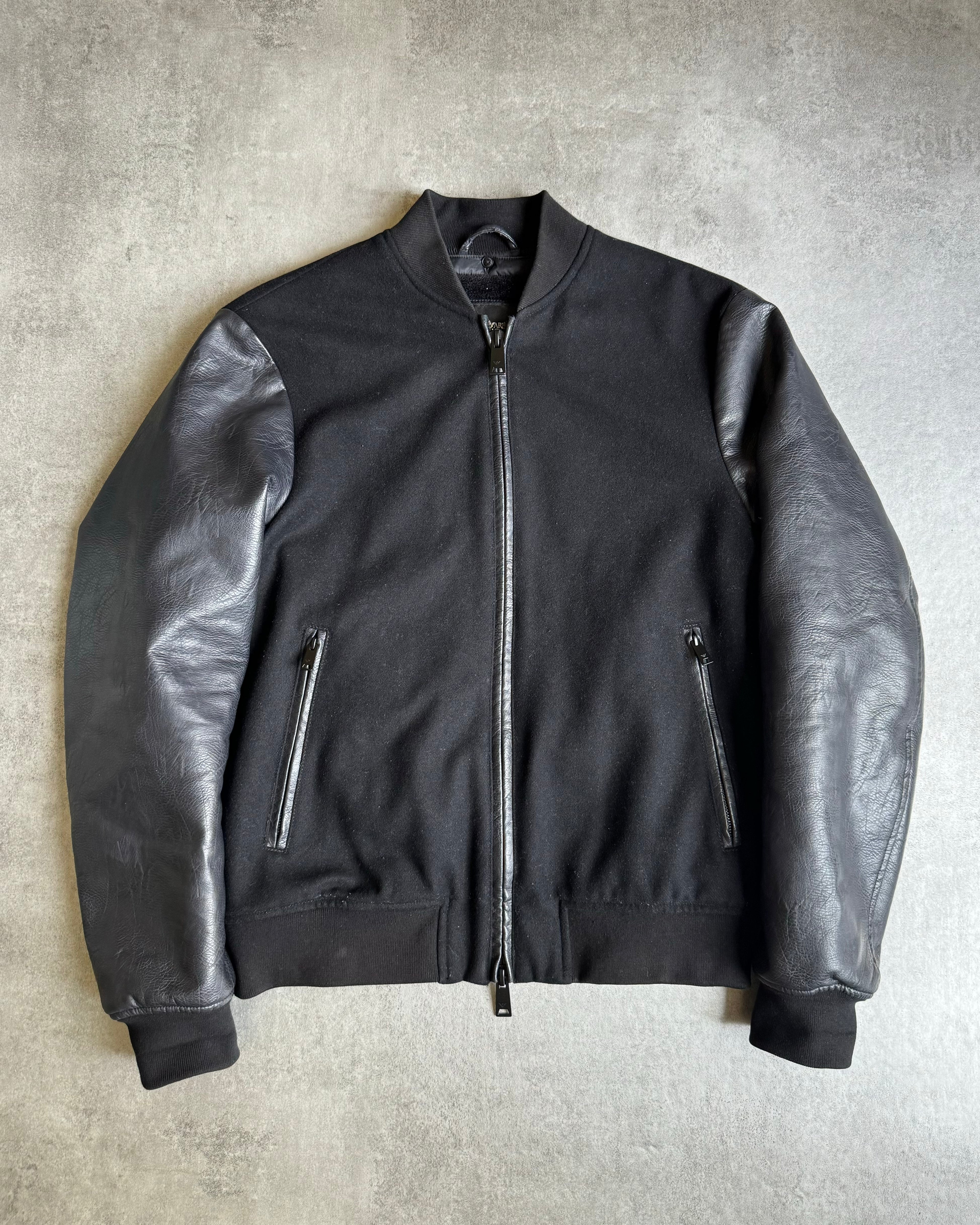 AW2018 Emporio Armani Black Leather Sleeves Bomber Jacket (M) - 2
