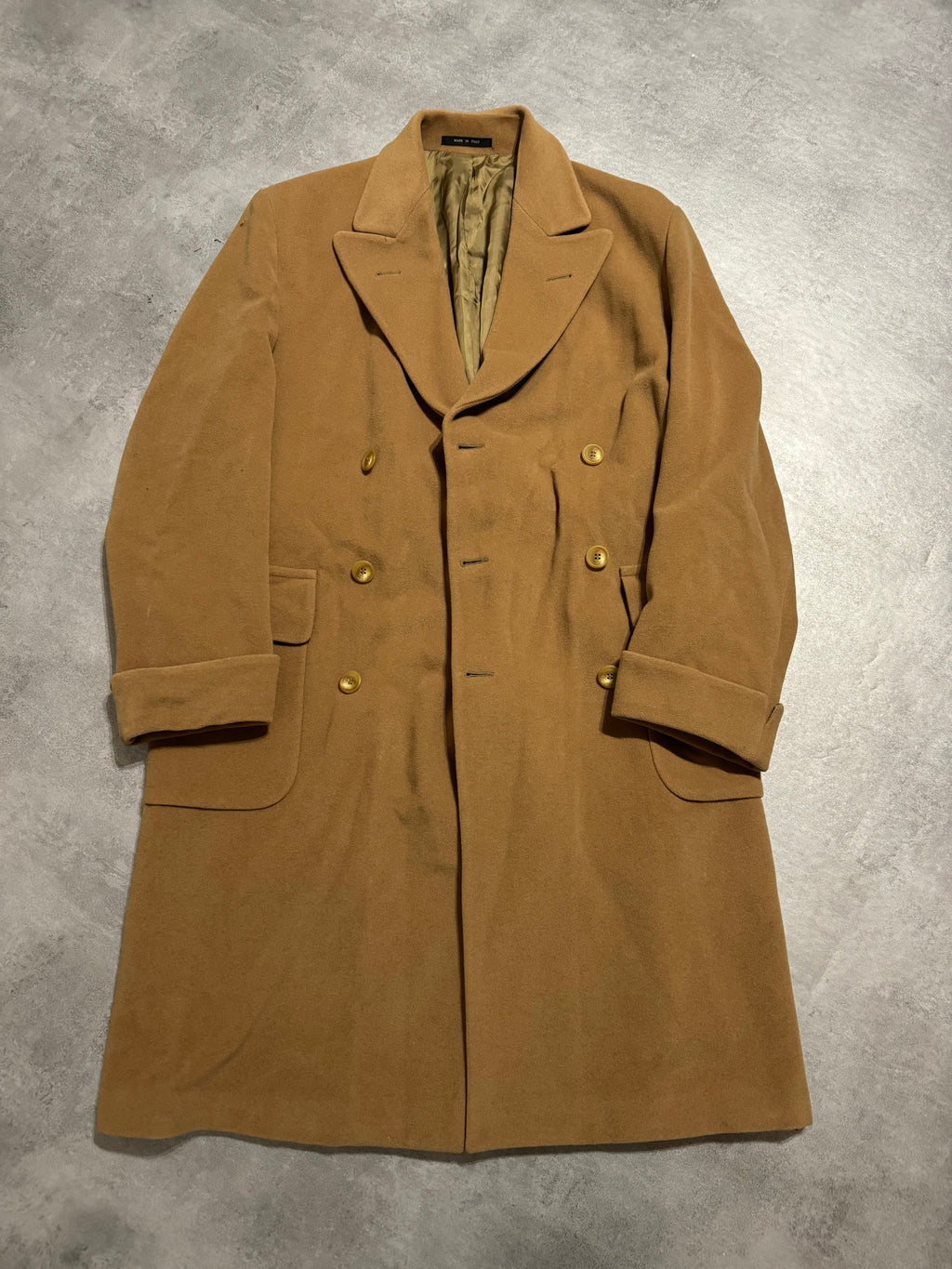 1990s Emporio Armani Camel Italian Captain Wool Trench Coat 1990s Emporio Armani Camel Italian Captain Wool Trench Coat