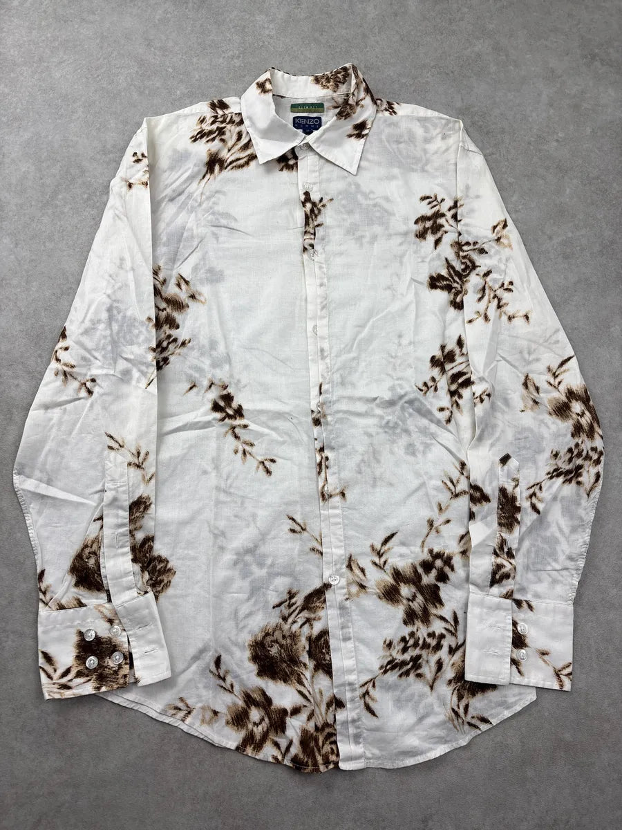 2000s Kenzo White Blurred Floral Classy Shirt tAcXCuGs 0