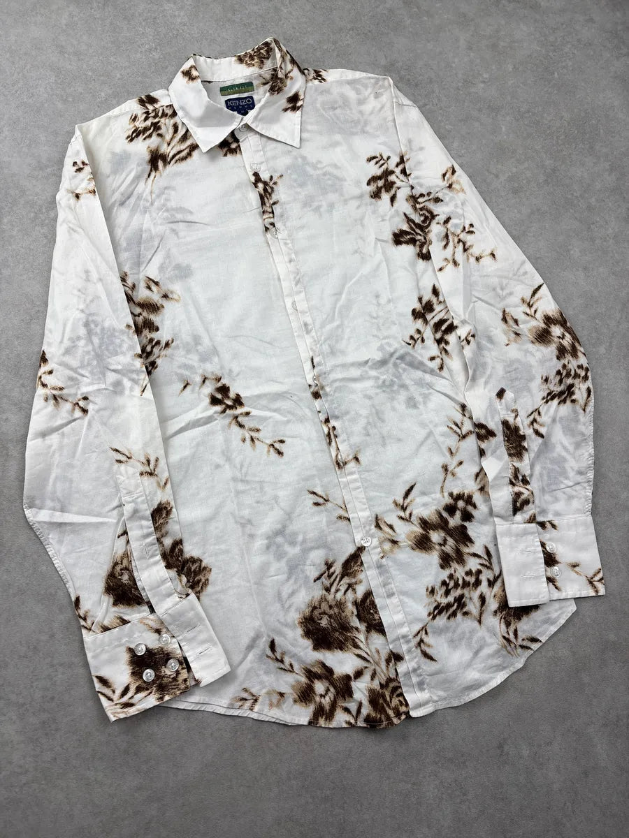 2000s Kenzo White Blurred Floral Classy Shirt tAcXCuGs 3