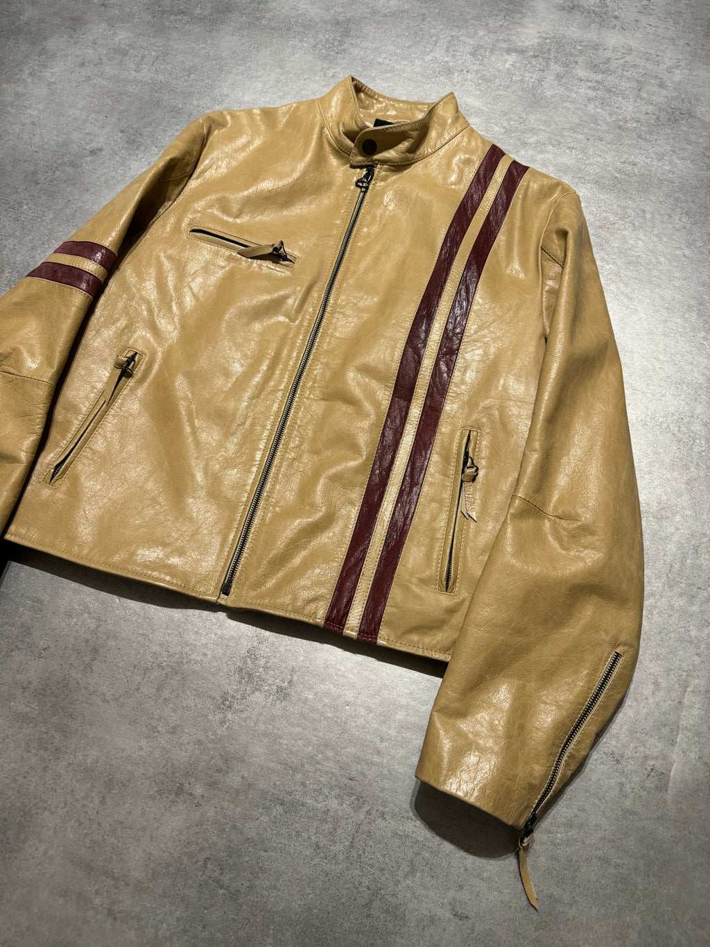 2000s Dolce & Gabbana Stripes Beige Leather Biker Racer Jacket (M) - 7