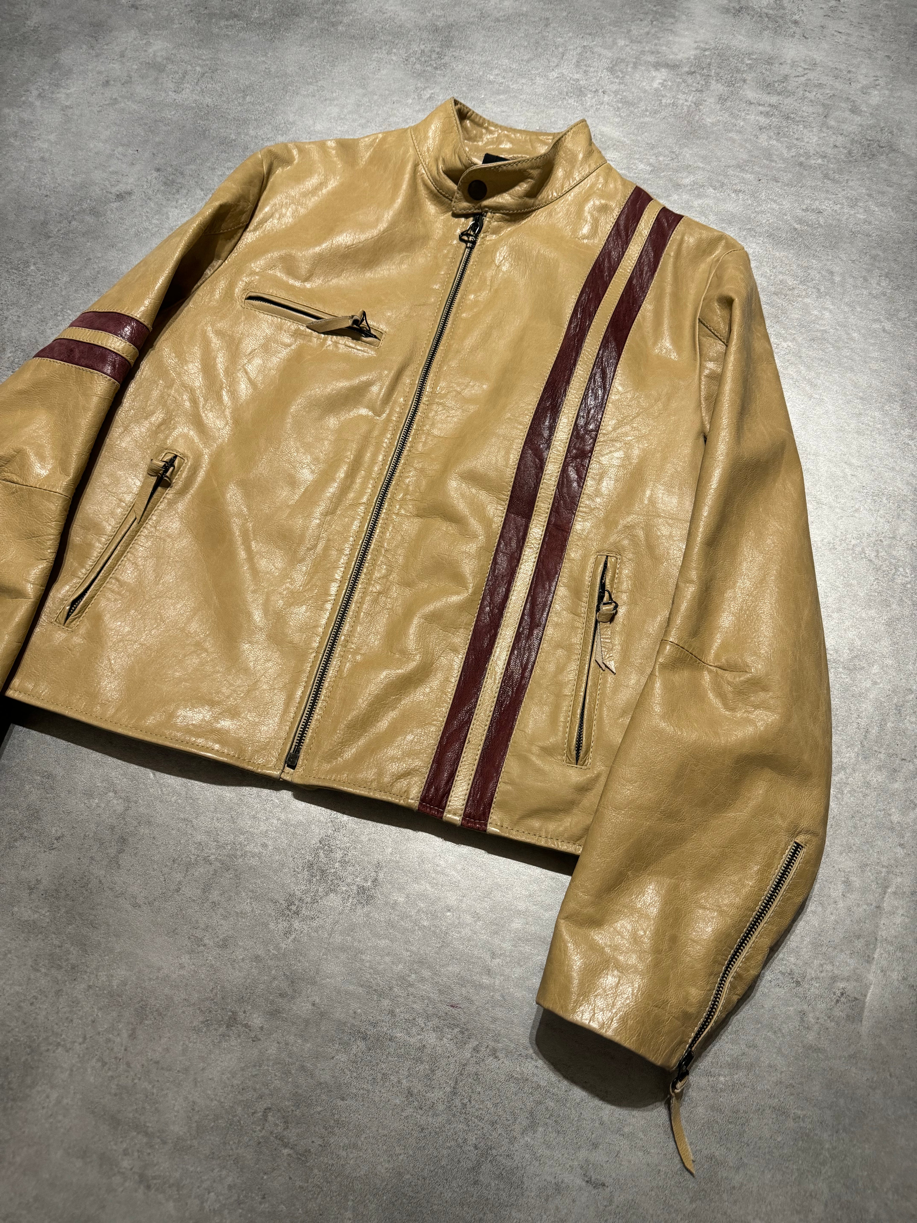2000s Dolce & Gabbana Stripes Beige Leather Biker Racer Jacket (M) - 7