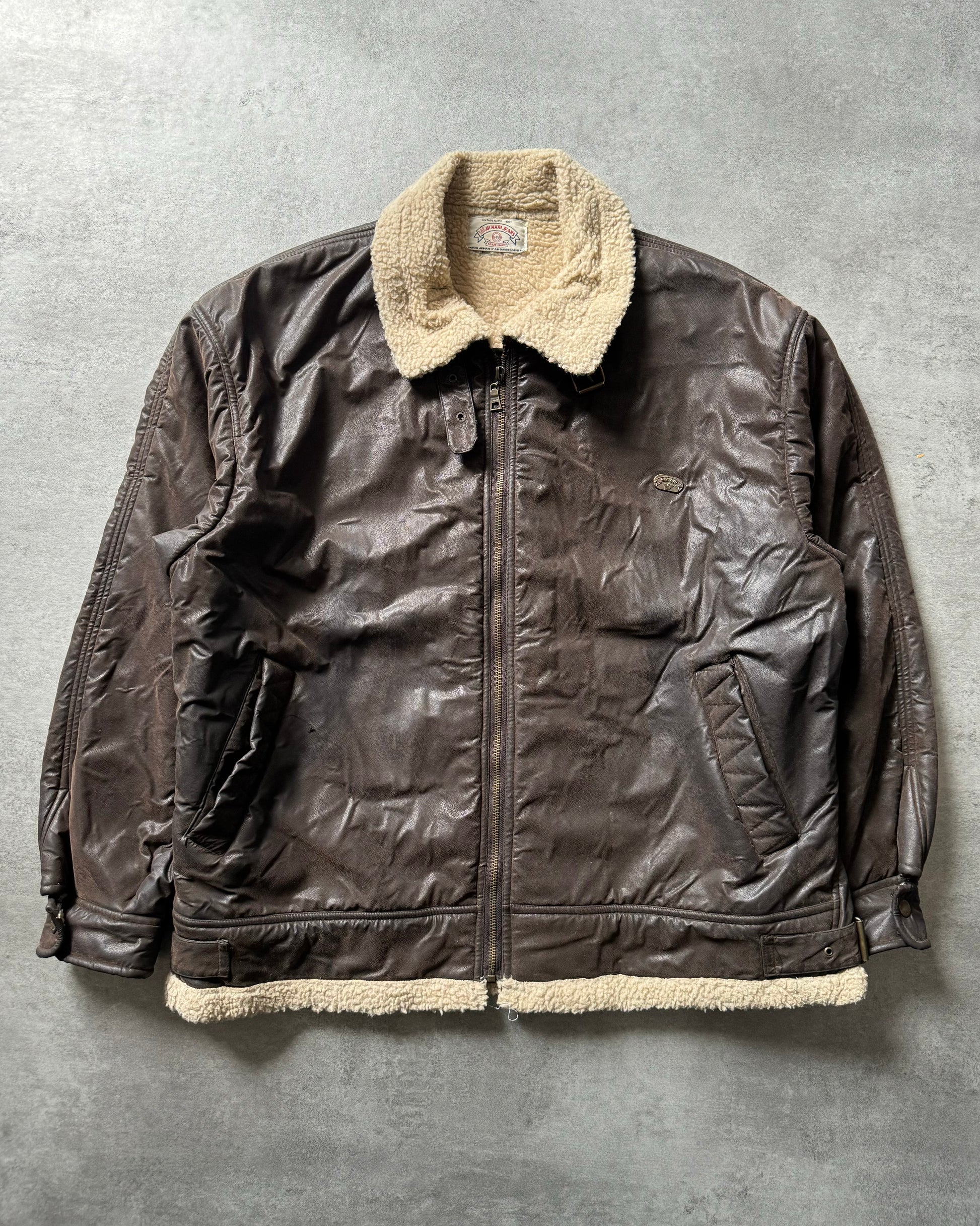 1990s Armani Shearling Brown Leather Jacket (L) - 7