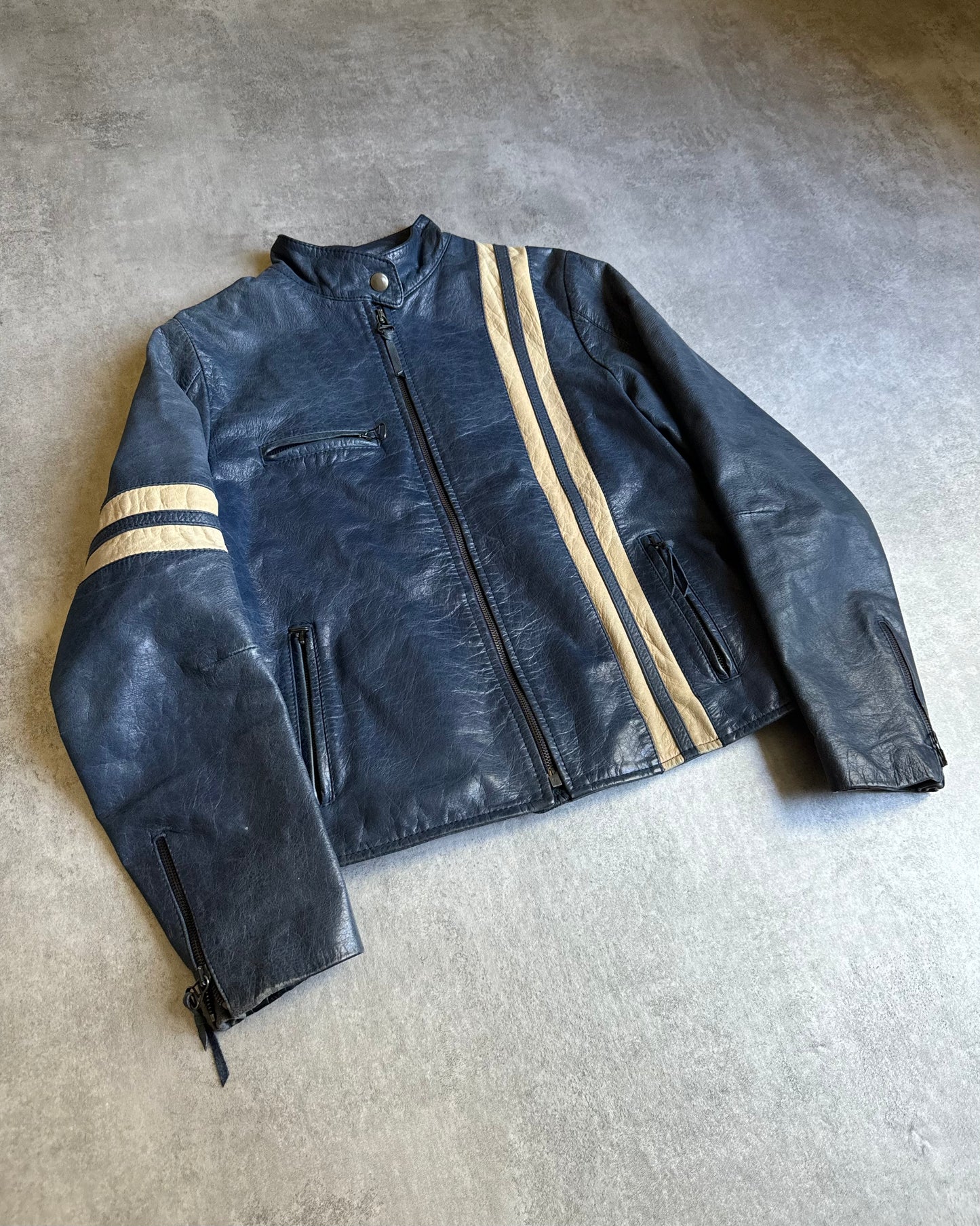 2000s Dolce & Gabbana Stripes Navy Leather Biker Racer Jacket (XS) - 5