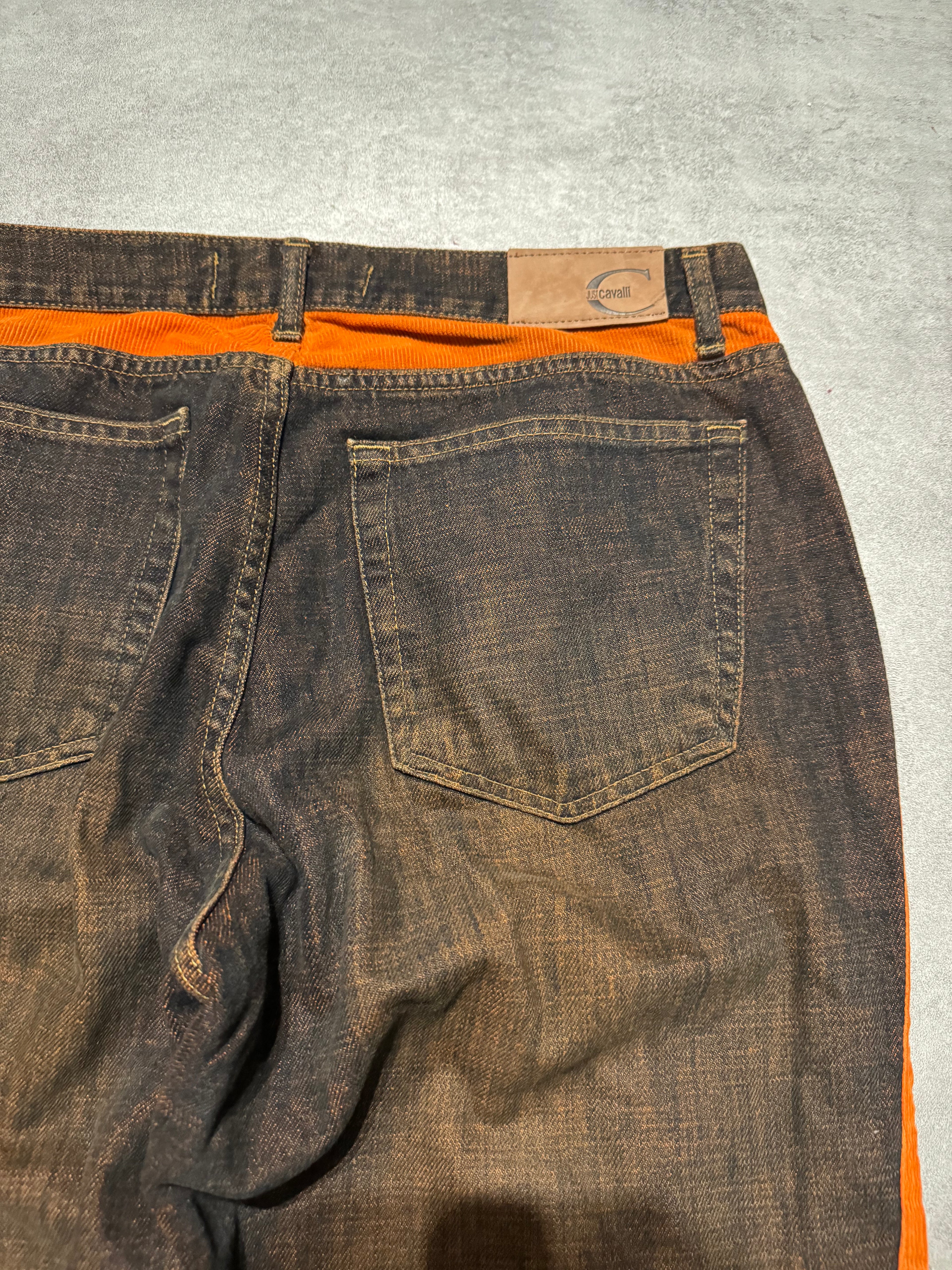 2000s Cavalli Straight Large Orange Velvet & Faded Denim Jeans (L) - 3