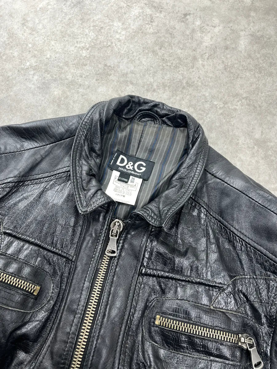 SS2005 Dolce & Gabbana Multi-Zip Lizard Embossed Black Leather Jacket cbsSggLT 10