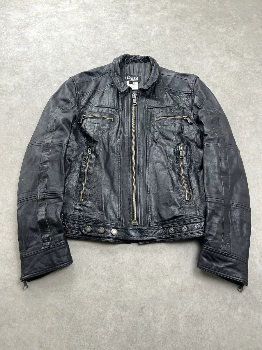 SS2005 Dolce & Gabbana Multi-Zip Lizard Embossed Black Leather Jacket cbsSggLT 2