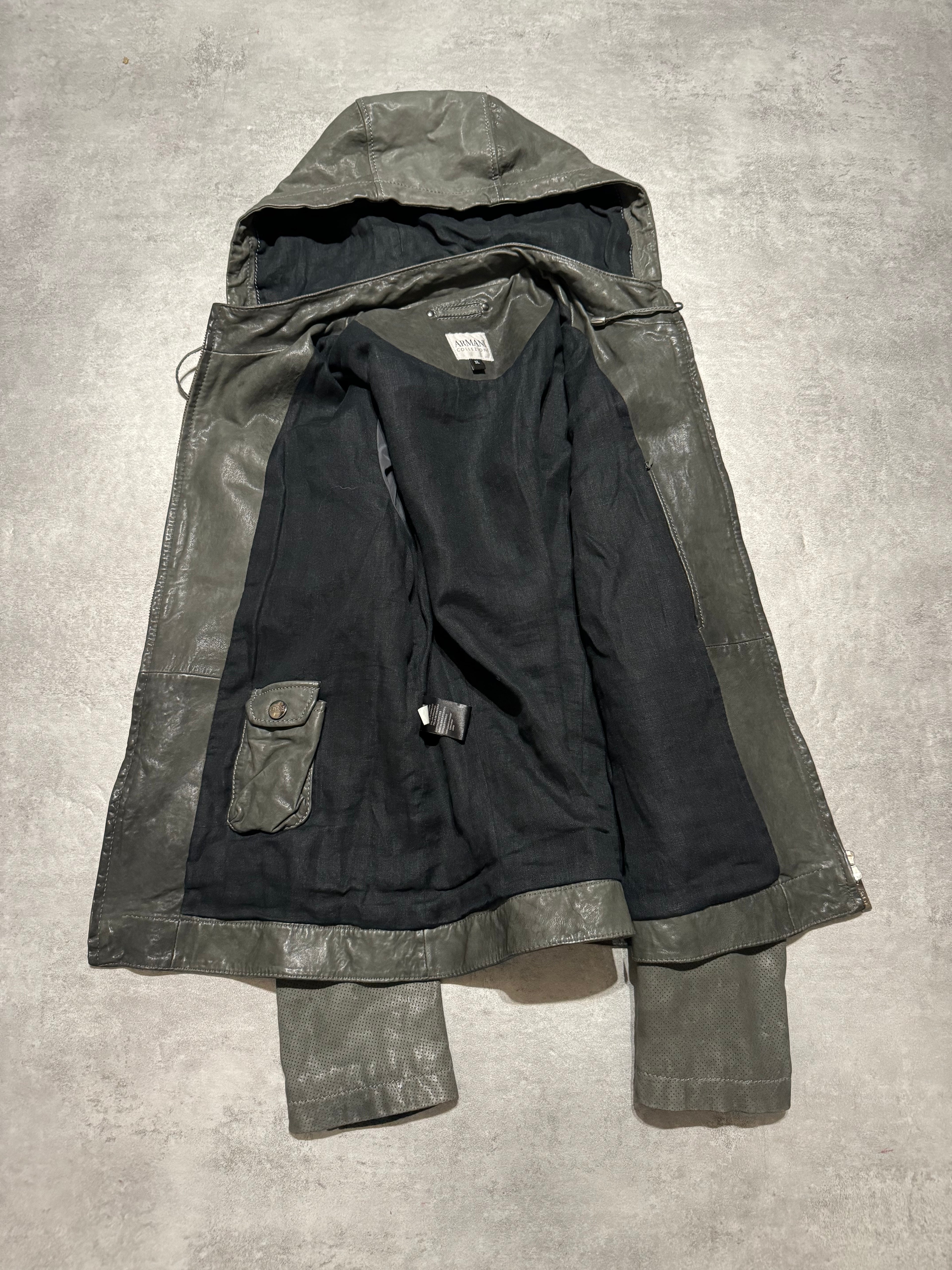 AW1998 Armani Collezioni Hooded Perfored Grey Leather Jacket (L) - 8
