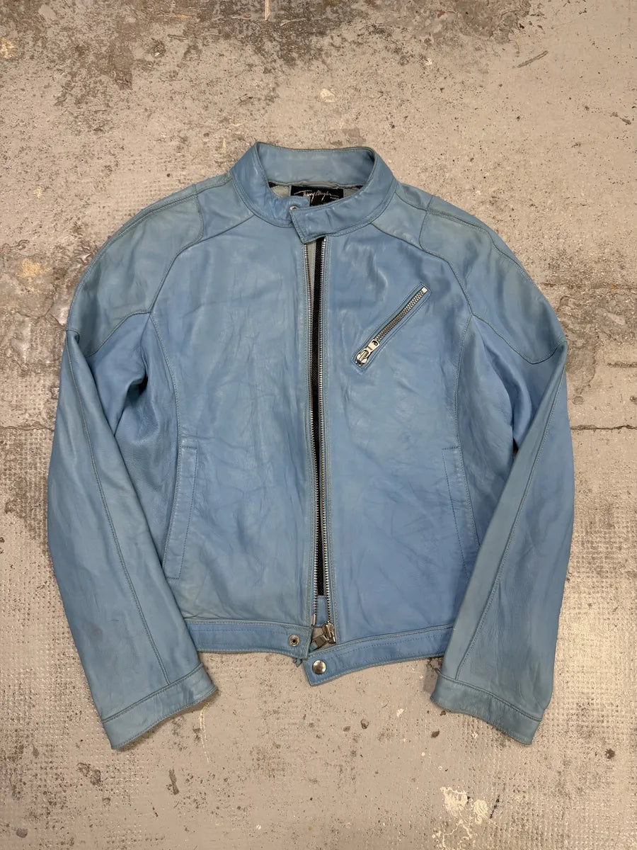 Thierry Mugler Baby Blue Biker Leather Jacket XzLLPdn 9