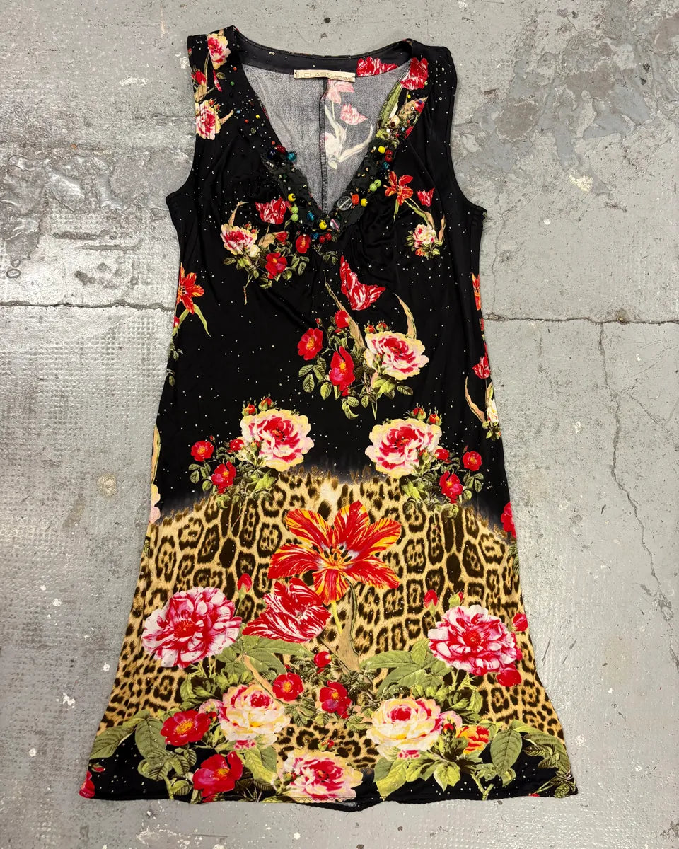 SS2002 Cavalli Black Flowers Colorful Dress VsPjwsT 0