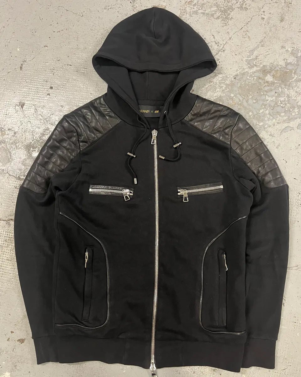 Balmain H&M Black Padded Biker Leather Hybrid Zip-up Sweater cLKrhAL 0