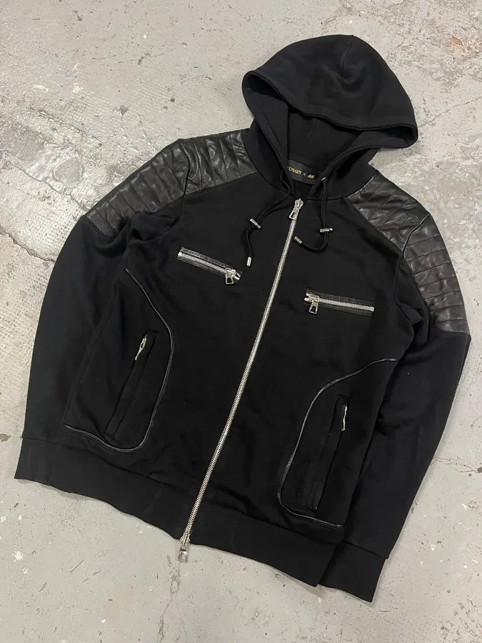 Balmain H&M Black Padded Biker Leather Hybrid Zip-up Sweater cLKrhAL 3