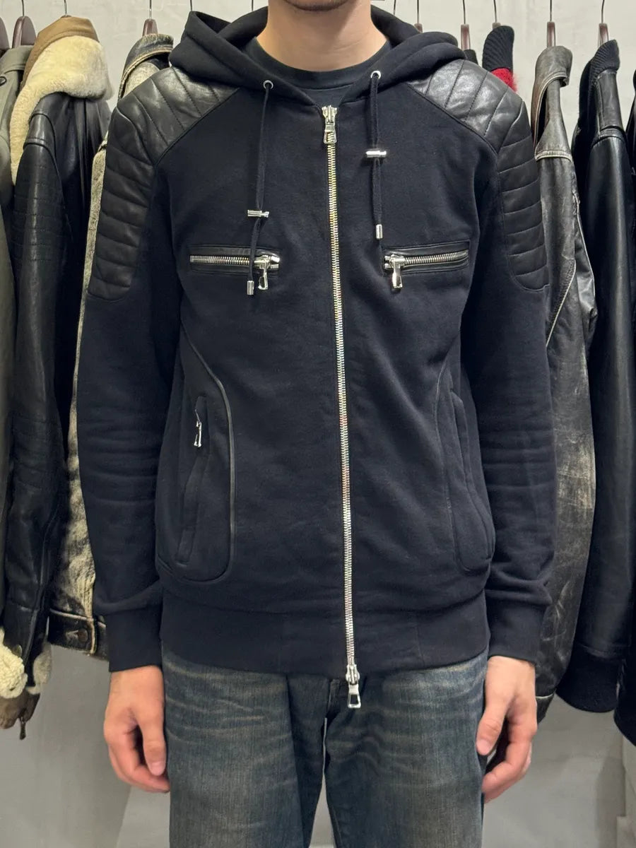 Balmain H&M Black Padded Biker Leather Hybrid Zip-up Sweater cLKrhAL 1