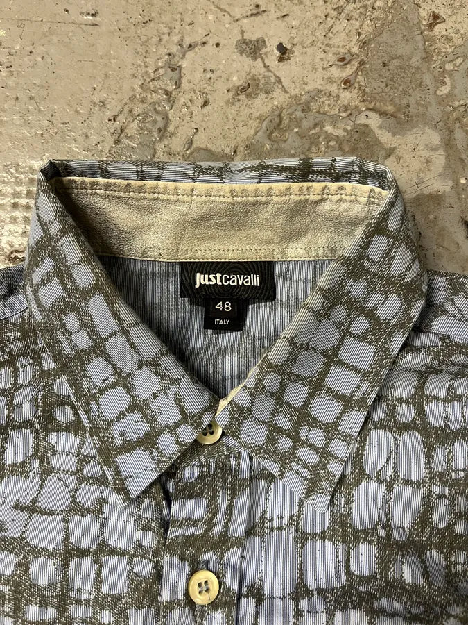 SS2015 Cavalli Corcodile Effect Olive White Shirt (S/M) sCbPzmY 8