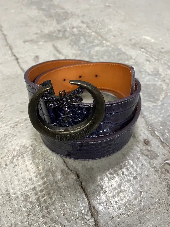 2000s Cavalli Dragonfly Buckle Purple Leather Belt (OS) fpJEOwG 2