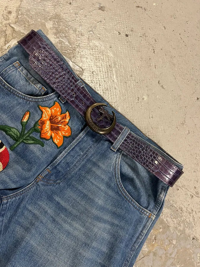 2000s Cavalli Dragonfly Buckle Purple Leather Belt (OS) fpJEOwG 1