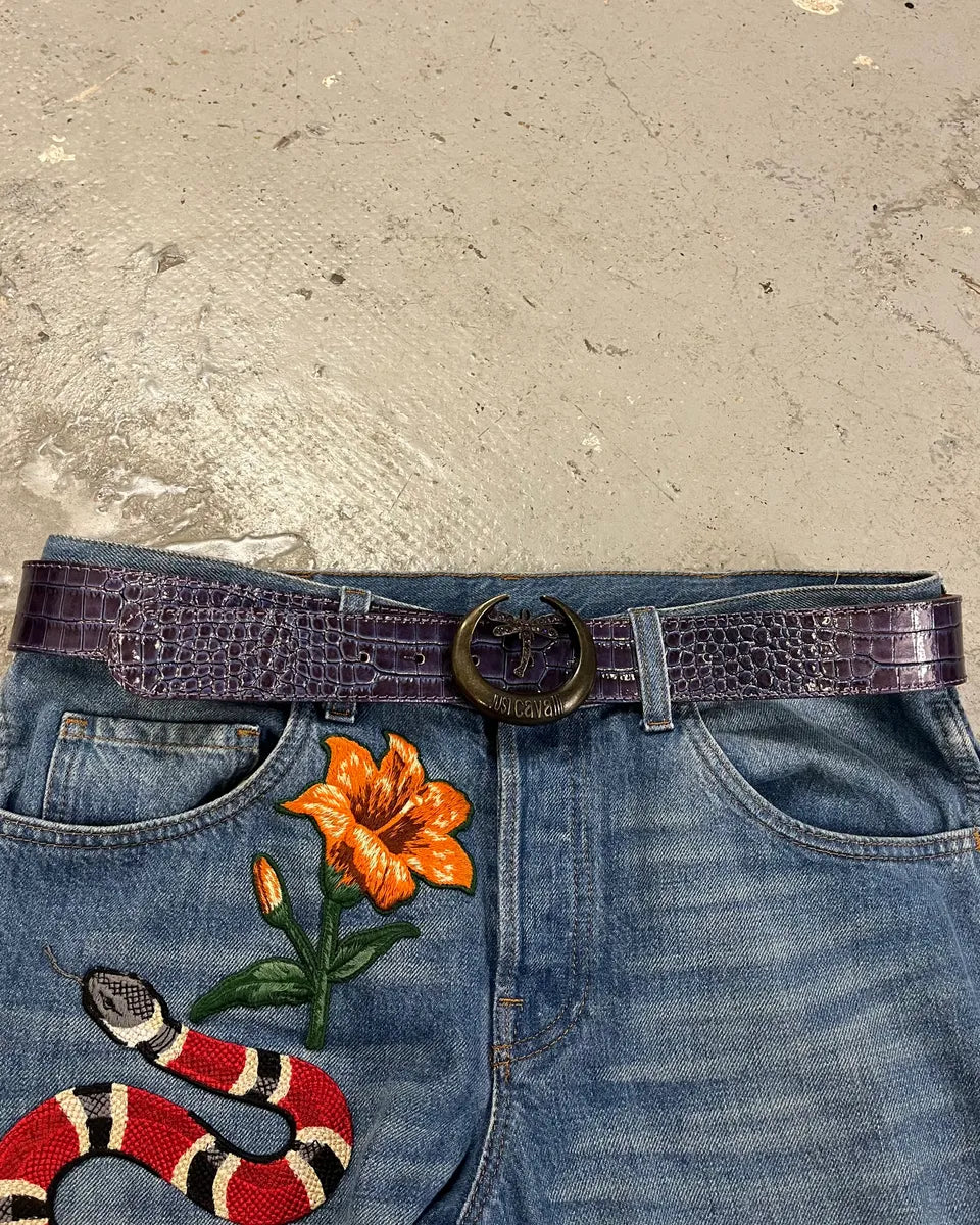 2000s Cavalli Dragonfly Buckle Purple Leather Belt (OS) fpJEOwG 0