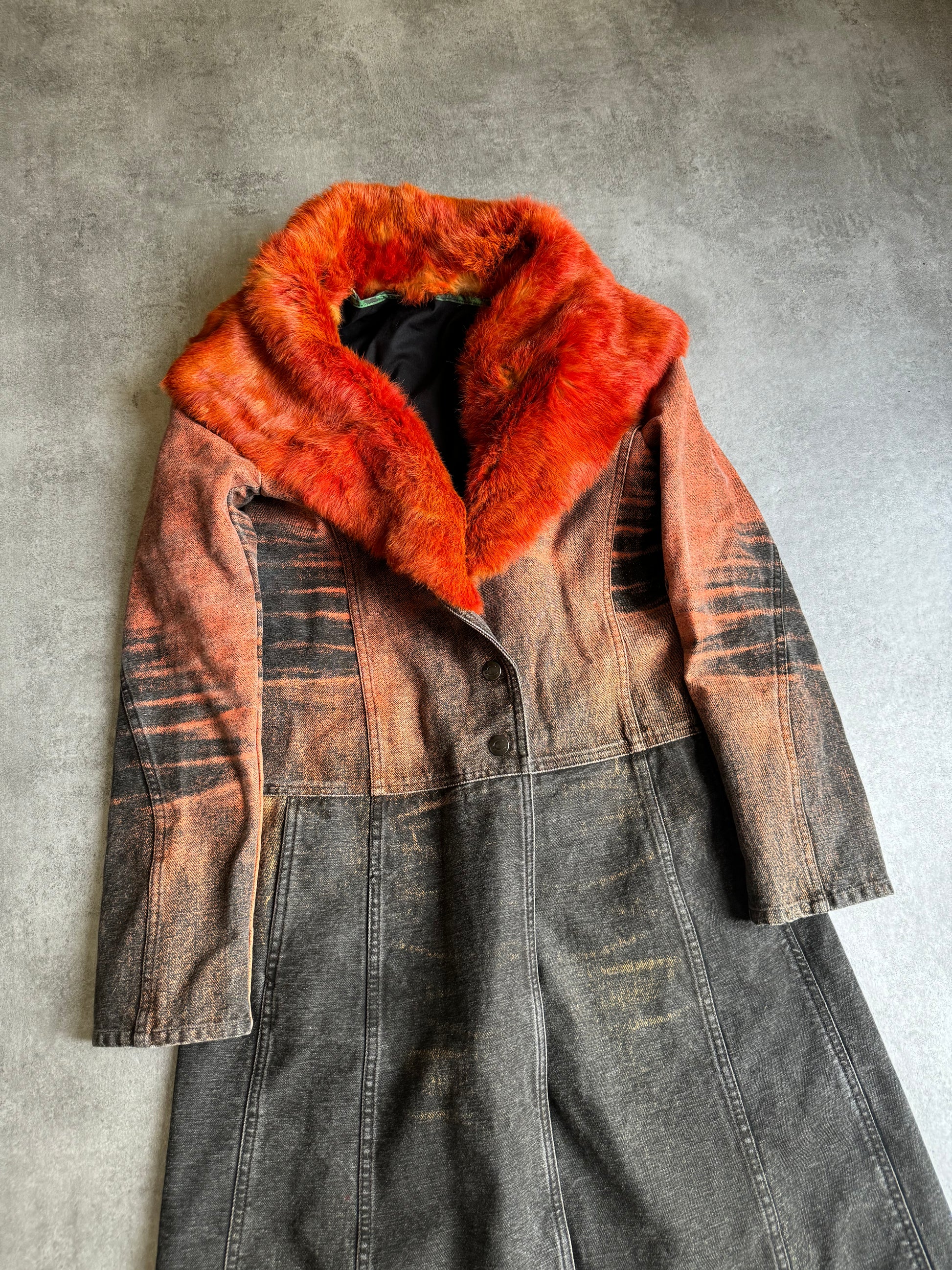 SS2004 Cavalli Sunset Vitality Fur Collar Long Denim Jacket (S) - 4