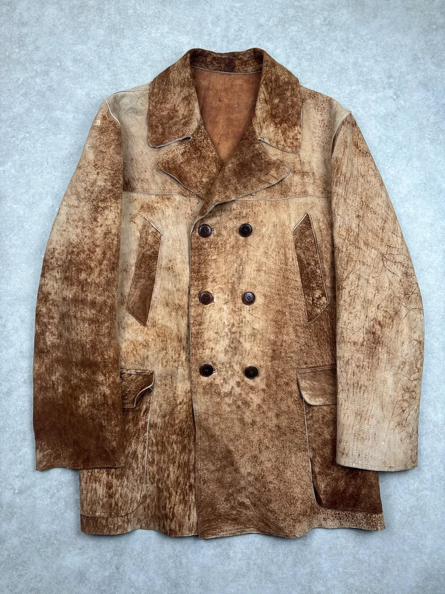 1990s Jean Paul Gaultier Brown Eroded Leather Double-Breasted Coat tlAYjpFh 0