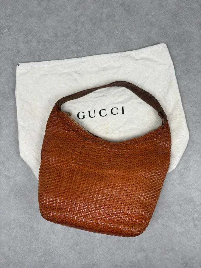 SS2004 Gucci Cognac Woven Leather Bamboo Handle Hobo Bag by Tom Ford AbDxMMx 2
